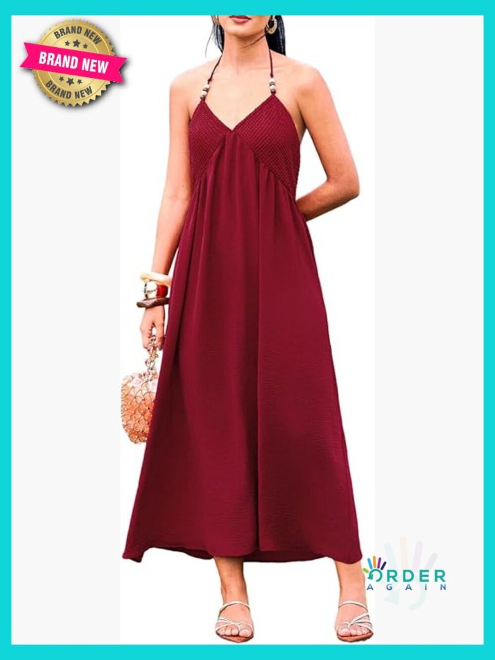 Halter V-Neck Backless Maxi Dress Boho Smocked Waist Spaghetti Strap Sleeveless